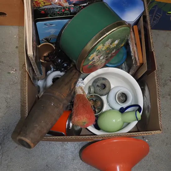 box; tins, juggling baton, guzunder etc