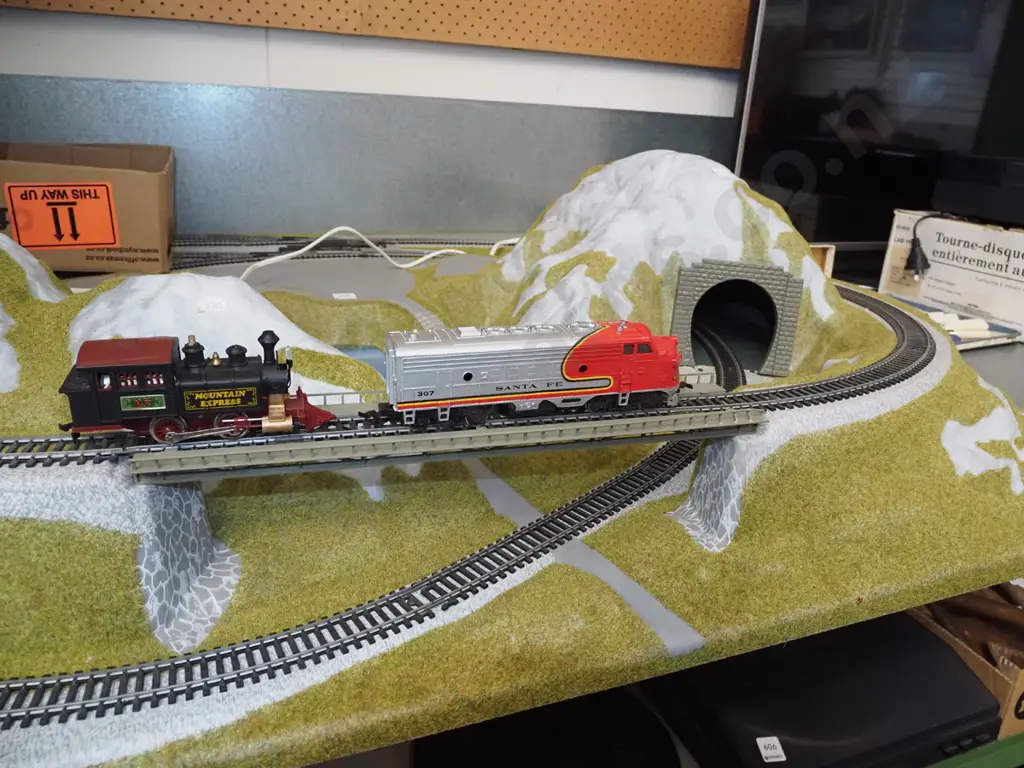 large moulded plastic train layout - tracks, controllers, layout - box in office Image 1++