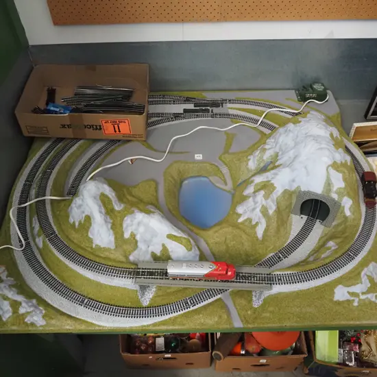 large moulded plastic train layout - tracks, controllers, layout - box in office