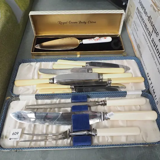 carving set, Crown Derby cake fork, bone handled knives