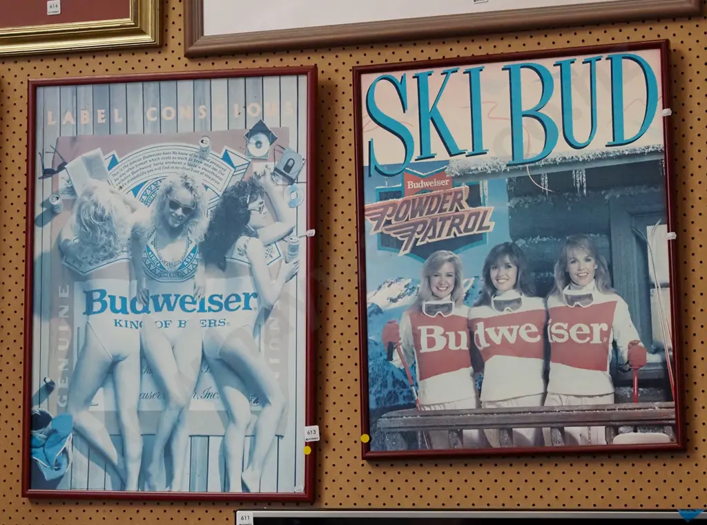 2x framed Budweiser poster prints - fading to one - yellow dots Image 1++