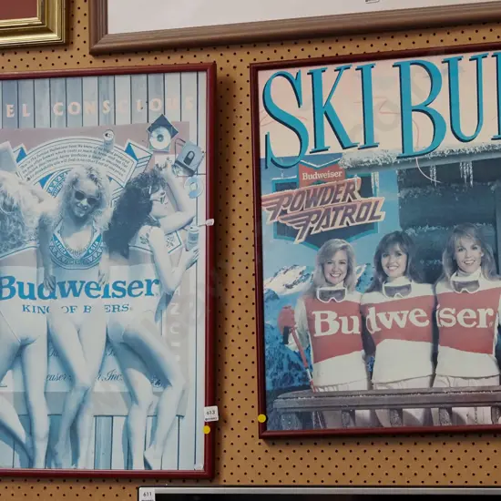 2x framed Budweiser poster prints - fading to one - yellow dots