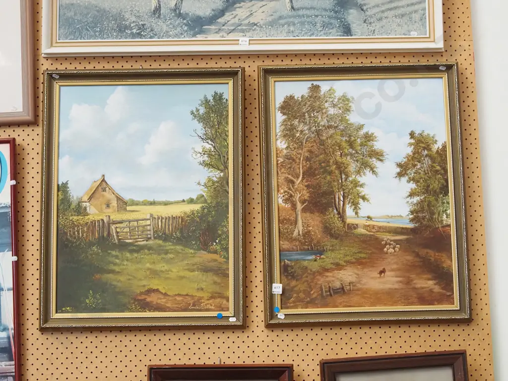 2x oils on boards- pastural scenes - blue dots Image 1++