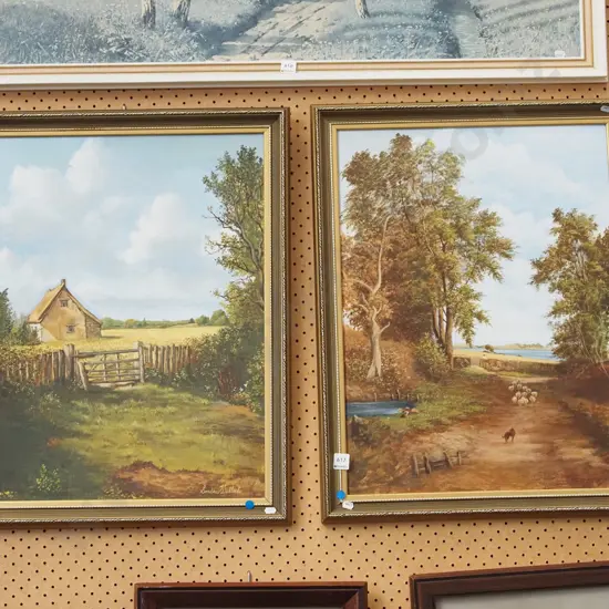 2x oils on boards- pastural scenes - blue dots