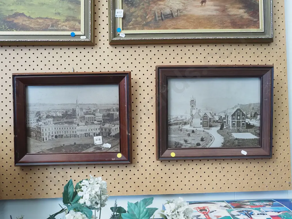 2x framed photo prints - early Dunedin; First Church, Otago Uni - yellow dots Image 1++