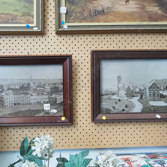 2x framed photo prints - early Dunedin; First Church, Otago Uni - yellow dots