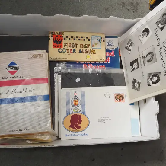 box of first day covers and other stamps