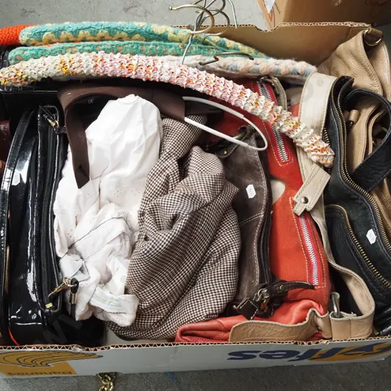box; hand bags, clothing coat hooks
