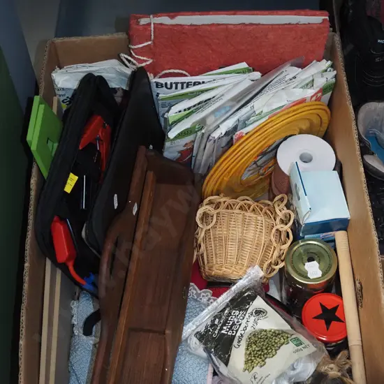 box; battery pack, sewing patterns, small shelf etc