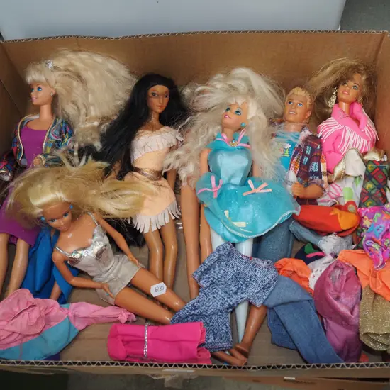box; Barbie, Ken and other dolls