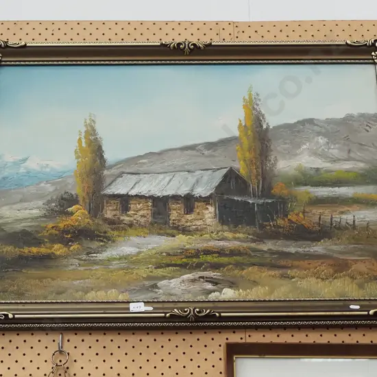 framed oil on board - stone cottage