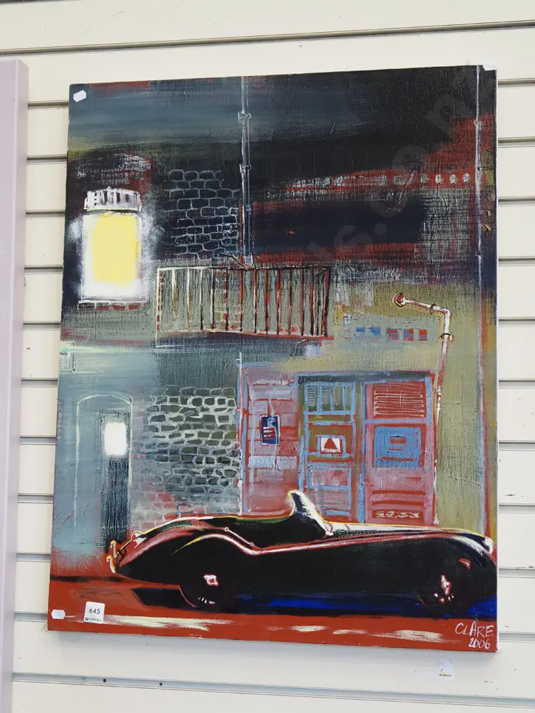 Clare 2006 - mixed media on canvas - car in front of building Image 1++