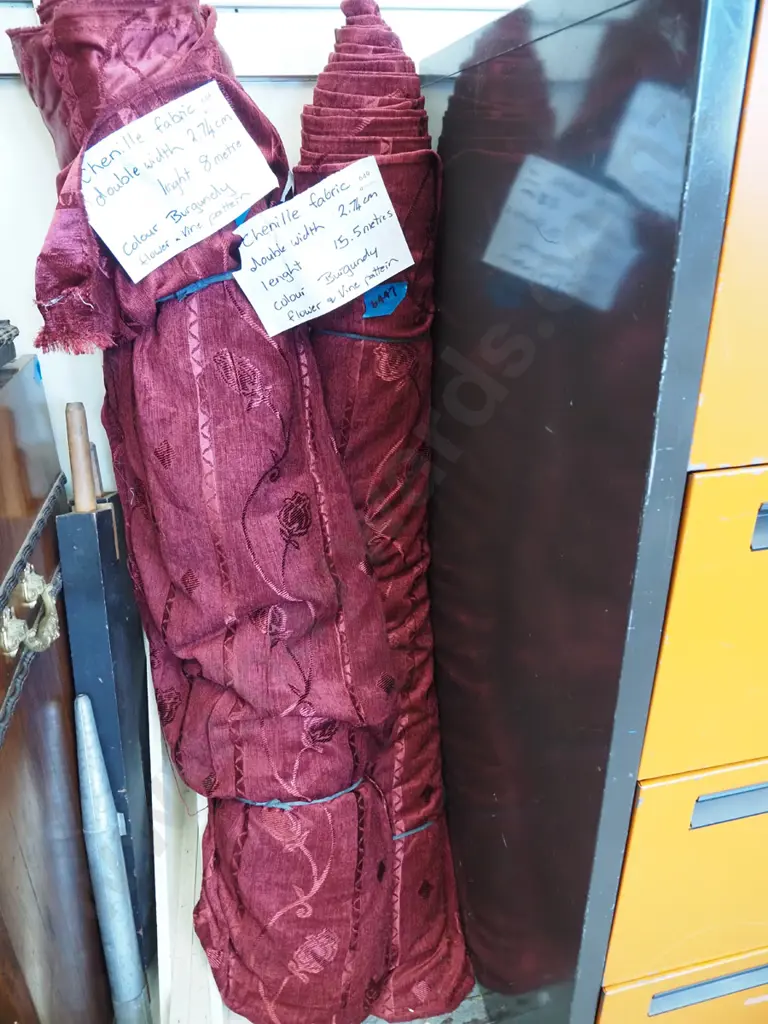 bolt of burgundy flower and vine patterned chenille fabric - Width 2.7m Length 15m Image 1++