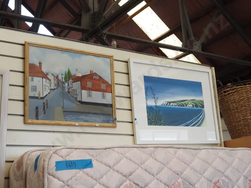 framed oil on board - street scene, framed print - coastal scene - blue dots Image 1++