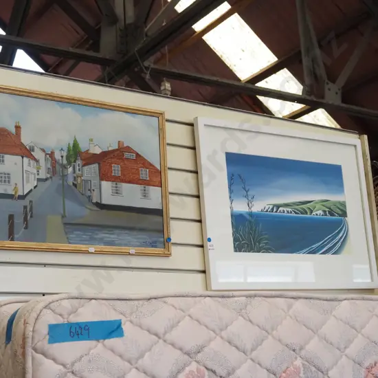 framed oil on board - street scene, framed print - coastal scene - blue dots