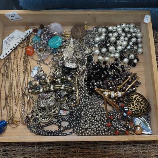 bamboo tray, costume jewellery