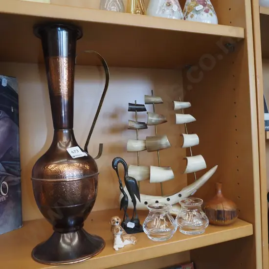 animal horn model sailing boat, copper ewer vase, small crystal bowls H410