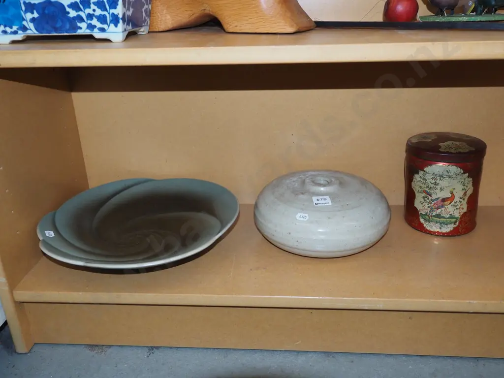 vintage tin, German pottery bowl, stoneware hot water bottle - no lid Image 1++