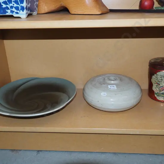 vintage tin, German pottery bowl, stoneware hot water bottle - no lid