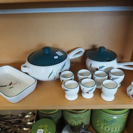 Denby green wheat egg cups, lidded pots etc