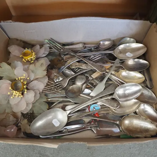 box; cutlery, glass candlesticks