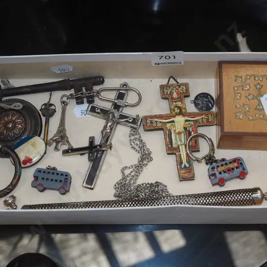 small box; crucifixes, keys etc