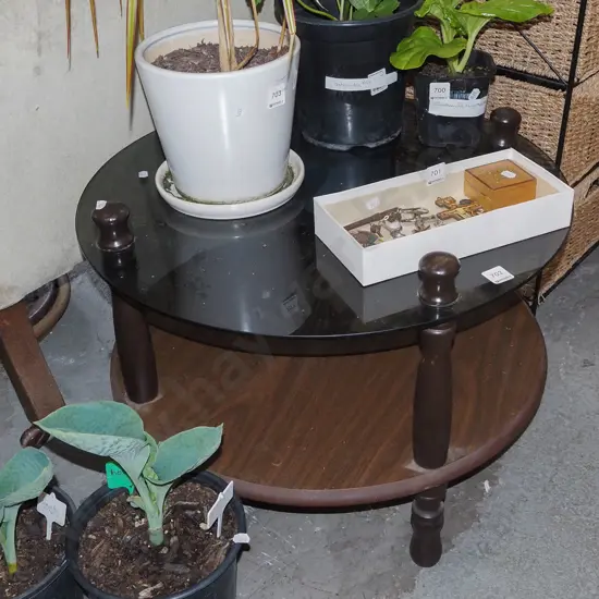 wood and smoked glass top circular end table H440 Diam600