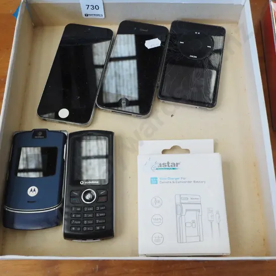 box; cell phones, charger, ipod