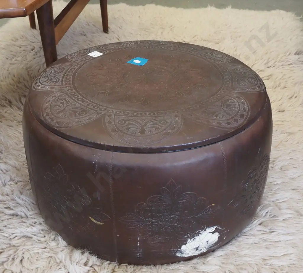 tooled leather? lidded storage ottoman - some marks and deterioration Image 1++