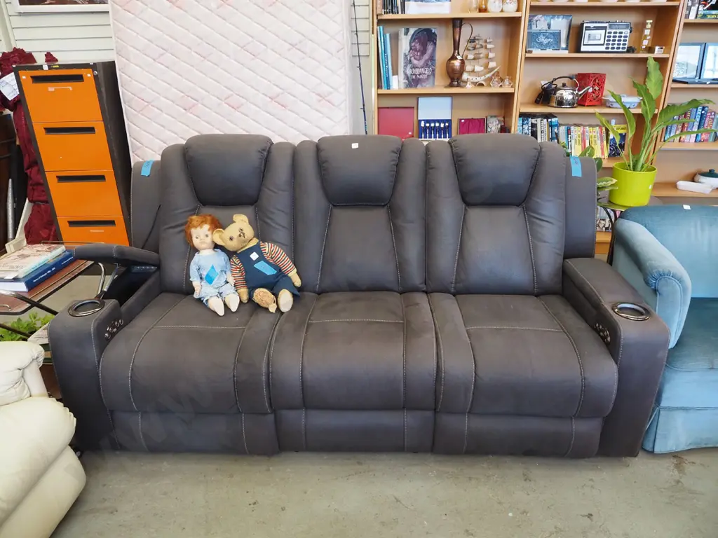 grey upholstered 3 seater settee - armrest storage cabinets, recline and incline buttons Image 1++