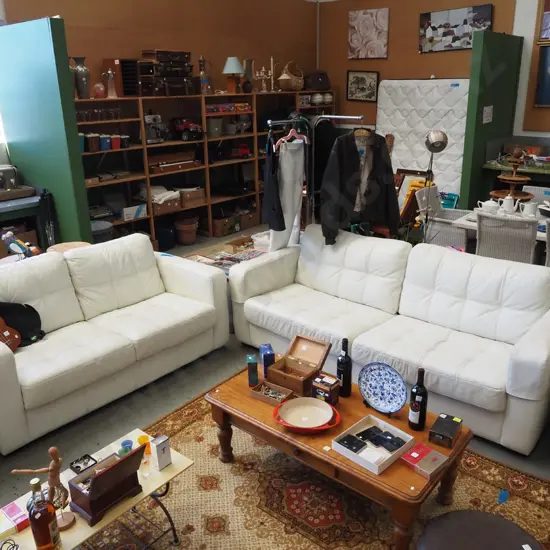 white  2 piece suite - 2 seater, 3 seater - some signs of wear, leather needs a clean