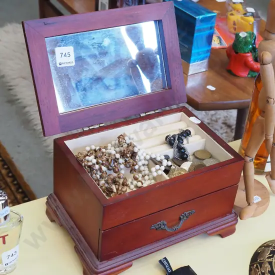 jewellery box; shell necklaces, coins etc