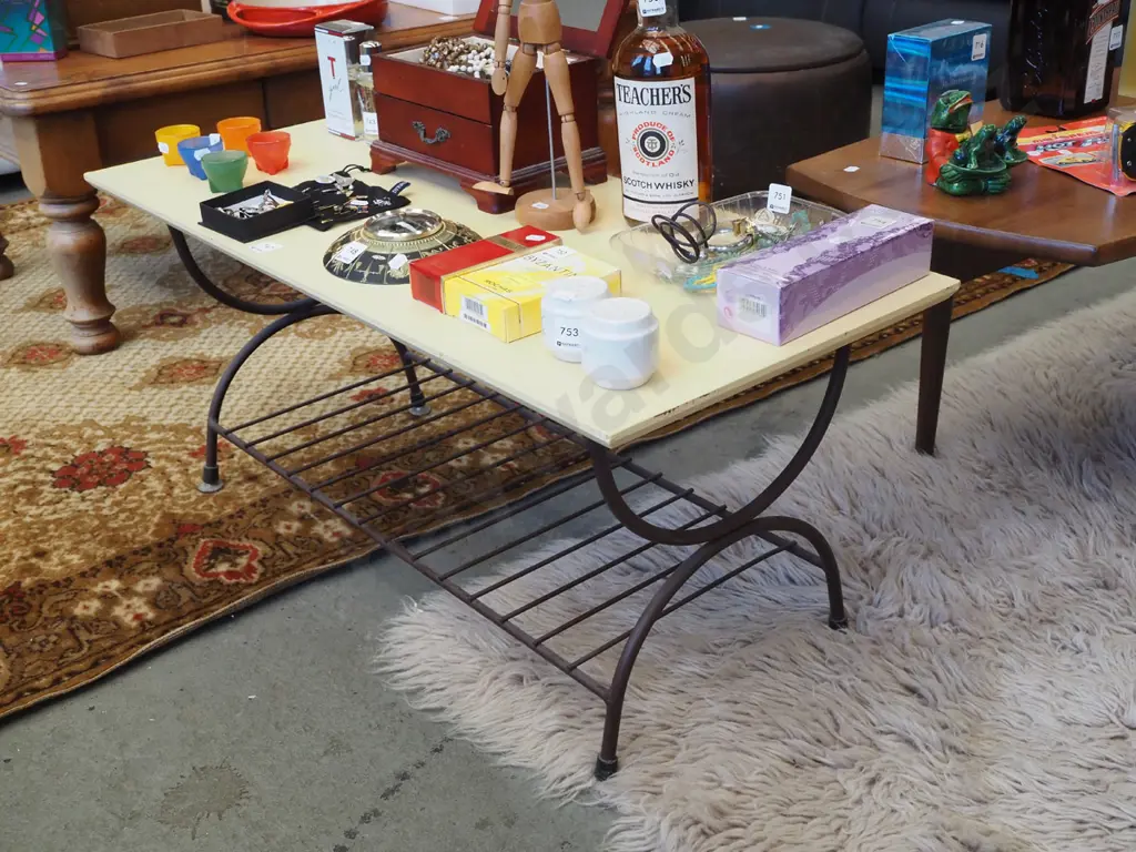 painted mid century metal based wood topped table Image 1++