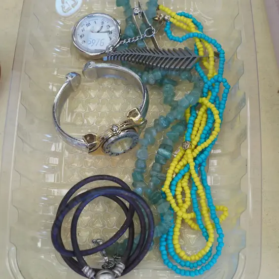 tray; costume jewellery, watches etc