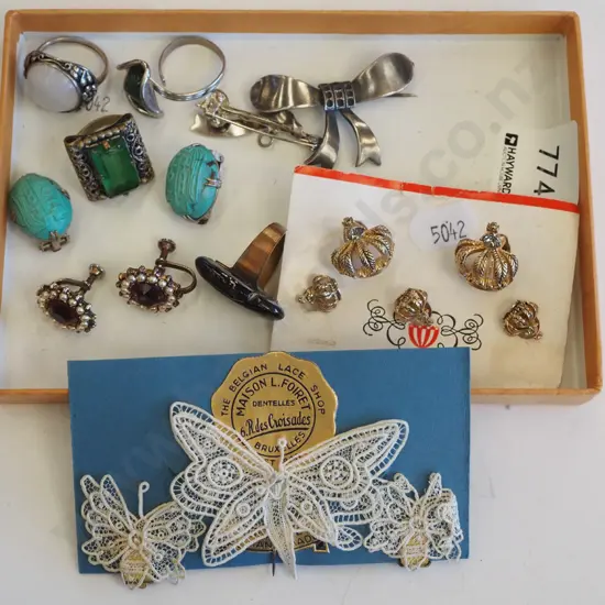 box; rings, clip on earrings, lace butterflies etc