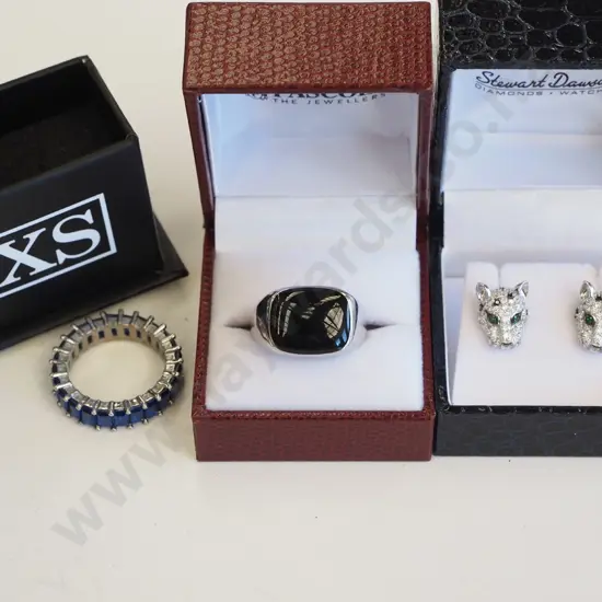 2x dress rings, pair of sterling silver leopard earrings