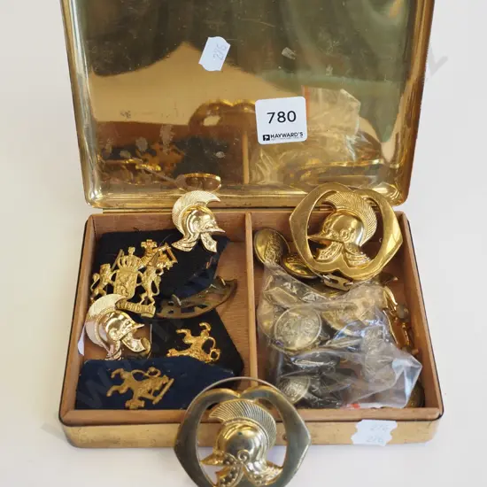brass segmented box; badges, buttons etc
