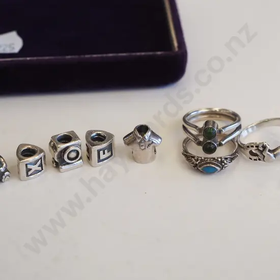 3x sterling silver rings, charm bracelet charms