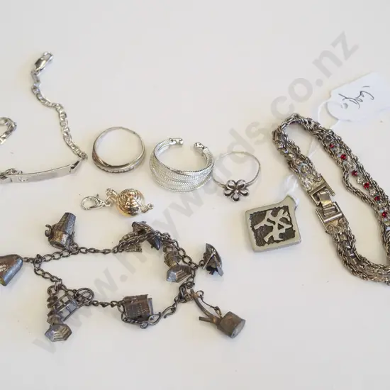 box; sterling silver ring, ID bracelet, pewter Chinese horoscope pendant etc