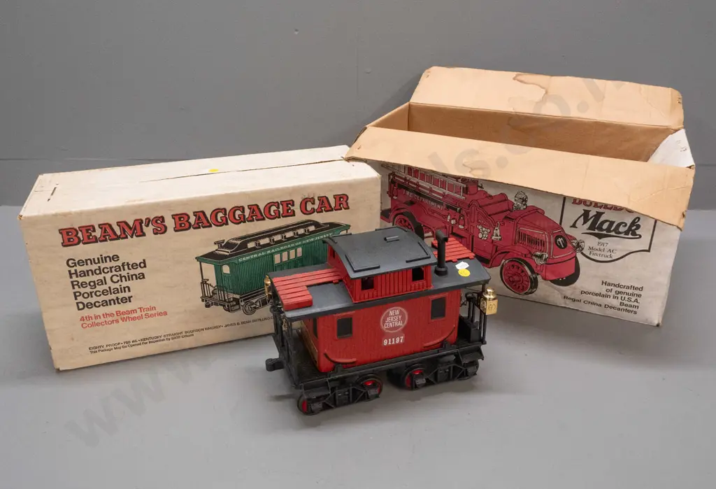 2 Jim Beam railway decanters - sealed-box never-opened baggage car w/ New Jersey Central Railroad markings and a red Image 1++