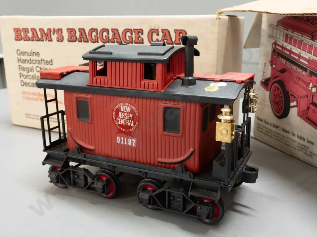 2 Jim Beam railway decanters - sealed-box never-opened baggage car w/ New Jersey Central Railroad markings and a red Image 1++