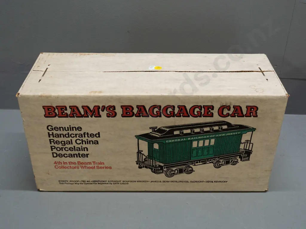 2 Jim Beam railway decanters - sealed-box never-opened baggage car w/ New Jersey Central Railroad markings and a red Image 1++