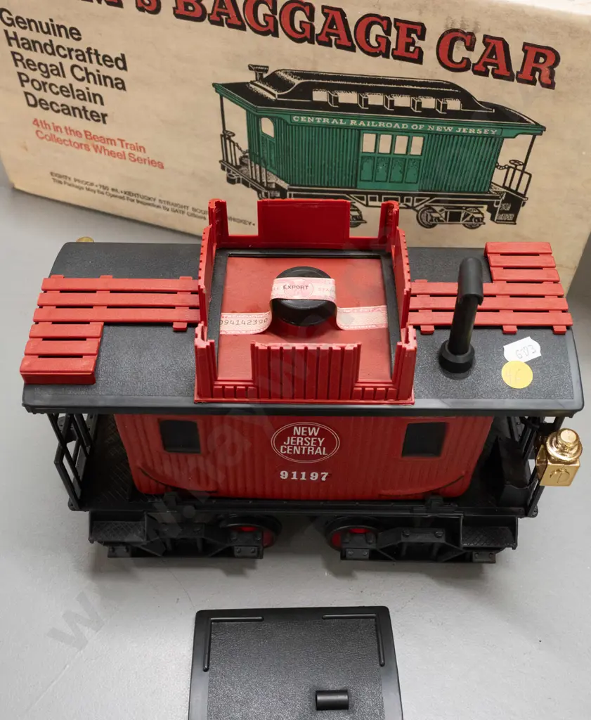 2 Jim Beam railway decanters - sealed-box never-opened baggage car w/ New Jersey Central Railroad markings and a red Image 1++