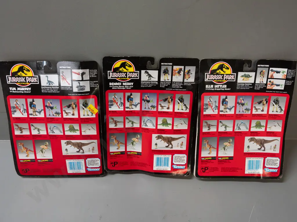 3x carded Jurassic Park 1993 Kenner Toys action figure sets: Ellie, Tim & Dennis - some damage to packaging of all 3 Image 1++