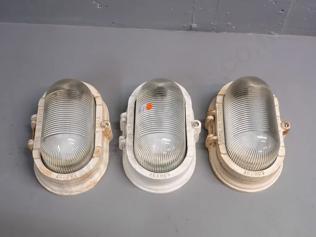 3 vintage cast metal Lacent England Type X marine bulkhead light fittings with glass shades, Australian registration # Image 1++