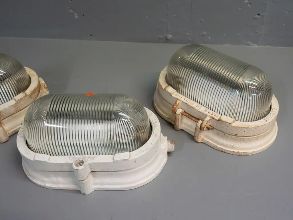 3 vintage cast metal Lacent England Type X marine bulkhead light fittings with glass shades, Australian registration # Image 1++