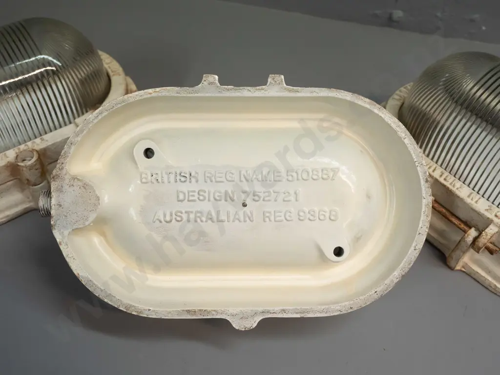 3 vintage cast metal Lacent England Type X marine bulkhead light fittings with glass shades, Australian registration # Image 1++