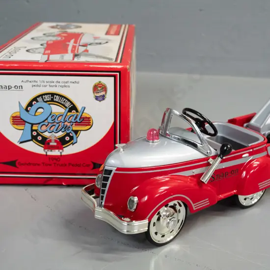 Snap-On Tools tow truck themed die-cast vintage pedal car car money bank with original box. L-220