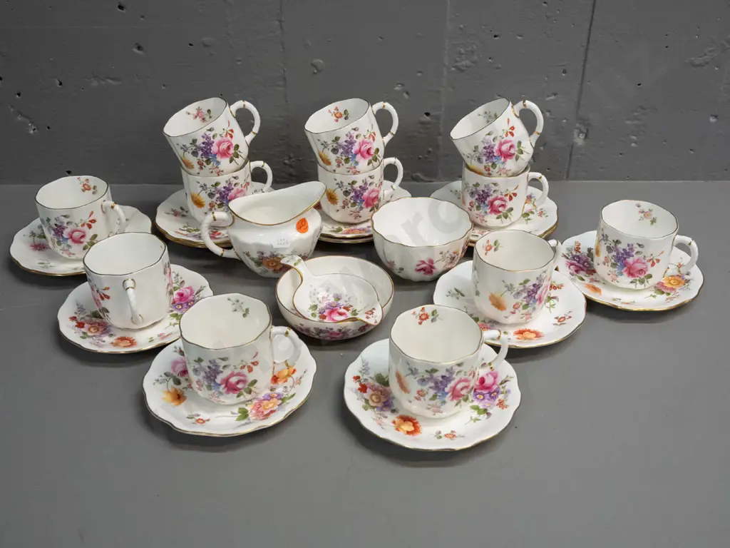 Crown Derby Posies tea/coffee set with 12 small cups & saucers, cream jug, sugar bowl, tea strainer with dish Image 1++