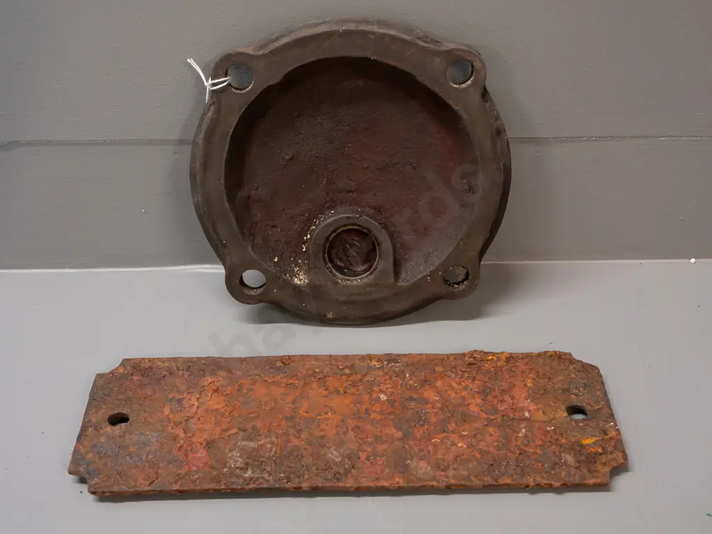 2 cast iron railway items - NZR Timken axle box cover plate and a corroded "Distributed Load 12 Tons" sign. Axle cover Image 1++